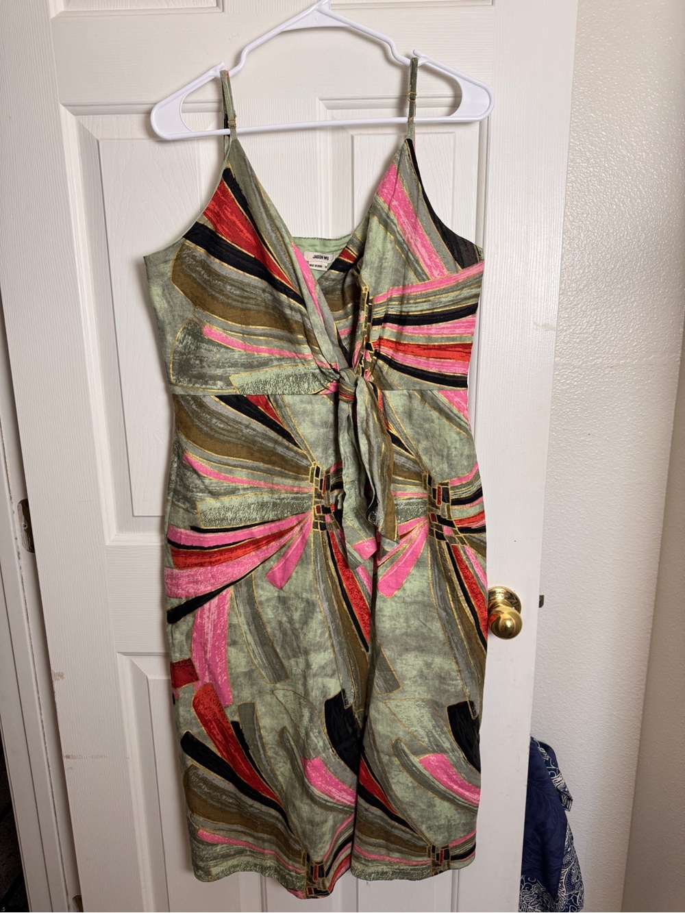 Jason Wu Olive Multicolor Abstract Watercolor Tie-Front Knotted Midi Dress - Picture 7 of 10